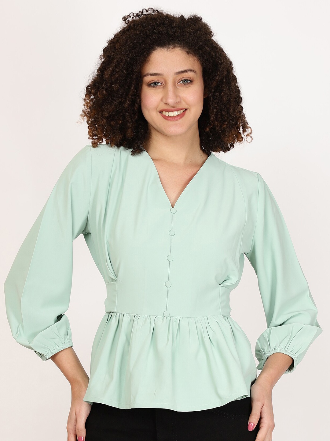 

FUTURO V-Neck Cuffed Sleeves Pleated Peplum Top, Green