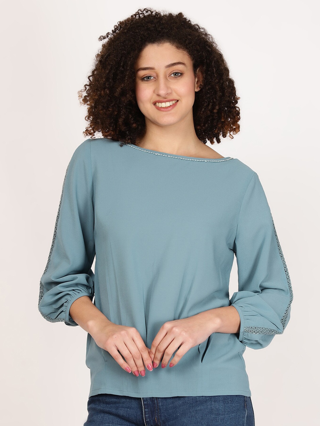 

FUTURO Boat Neck Cuffed Sleeves Pleated Regular Top, Grey