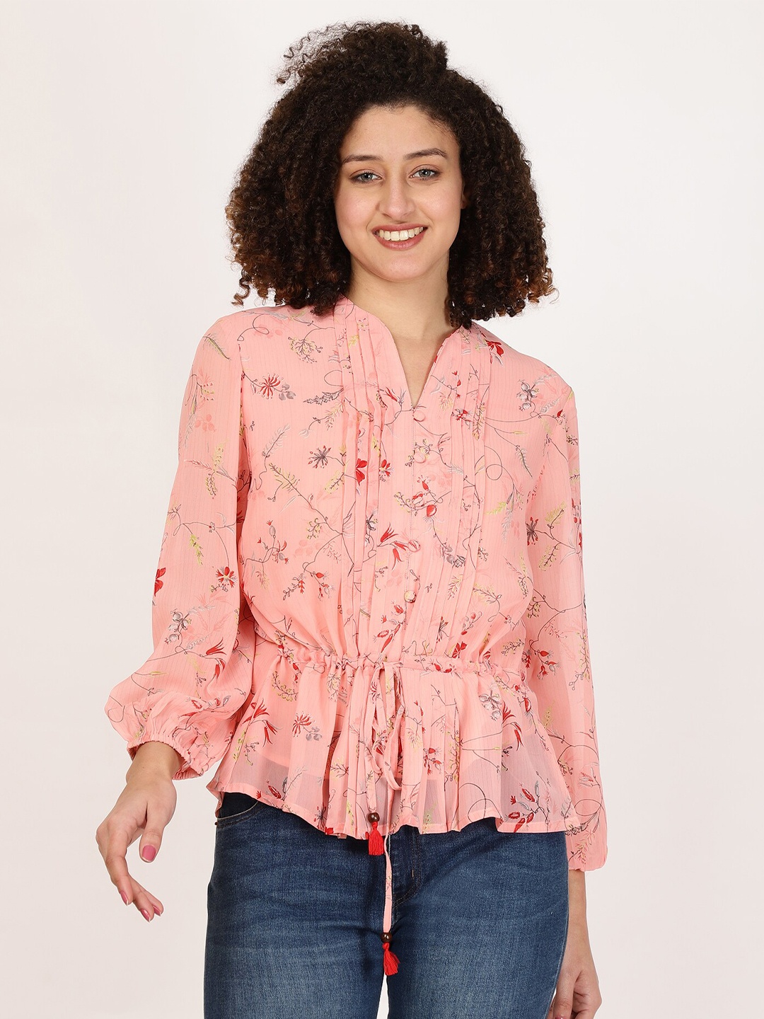 

FUTURO Floral Print Mandarin Collar Puff Sleeve Shirt Style Top, Pink