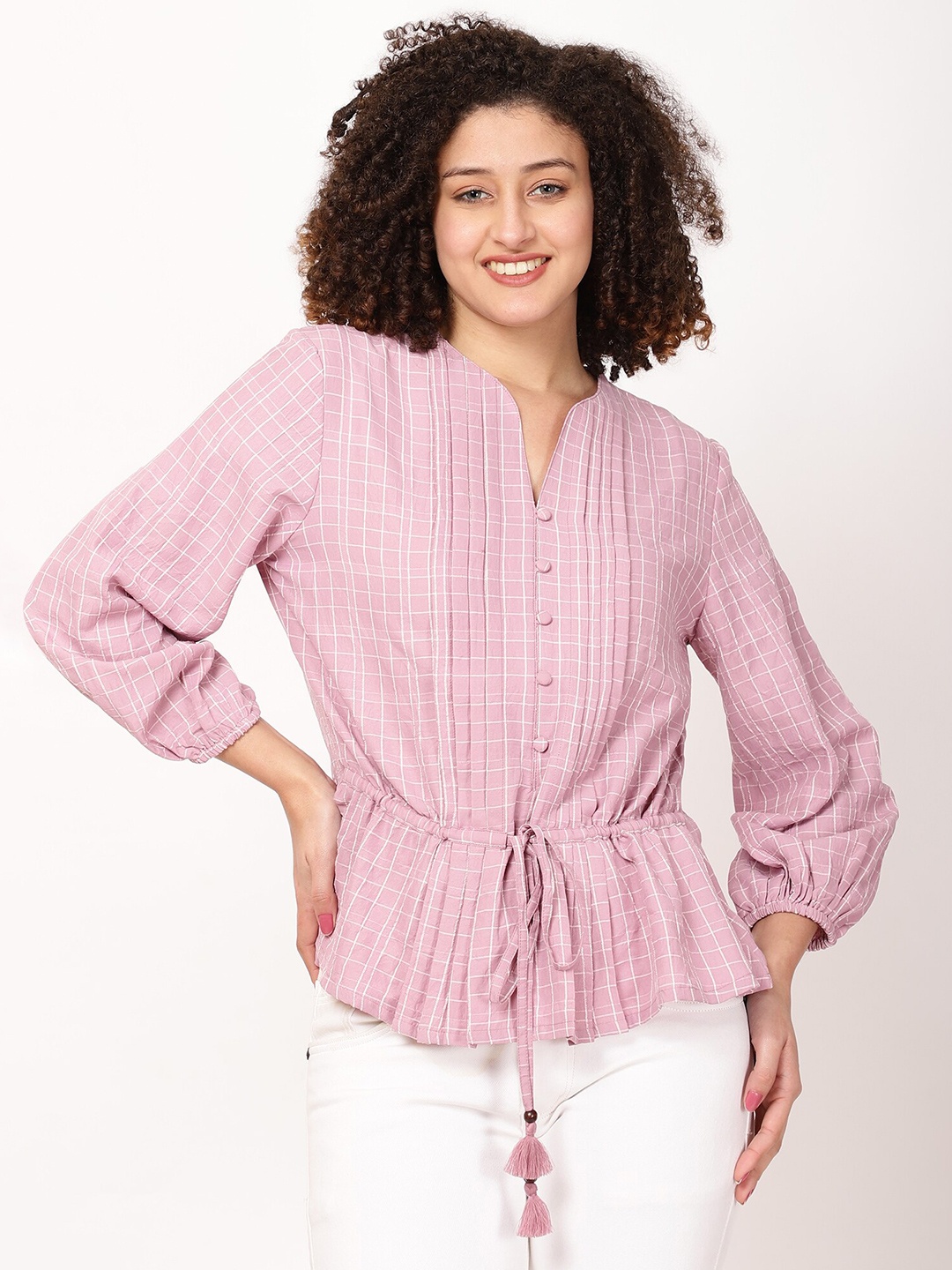 

FUTURO Checked Puff Sleeve Cotton Shirt Style Top, Pink