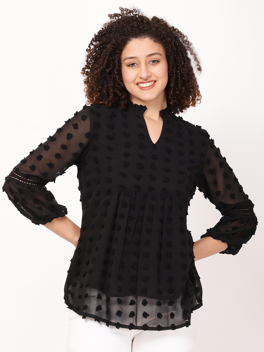 

FUTURO Self Design Mandarin Collar Top, Black