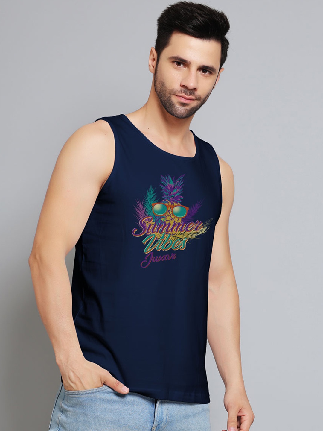 

Juxar Printed Cotton Rich Sleeveless Innerwear Vests JXR-004SAN-NY-XS, Navy blue