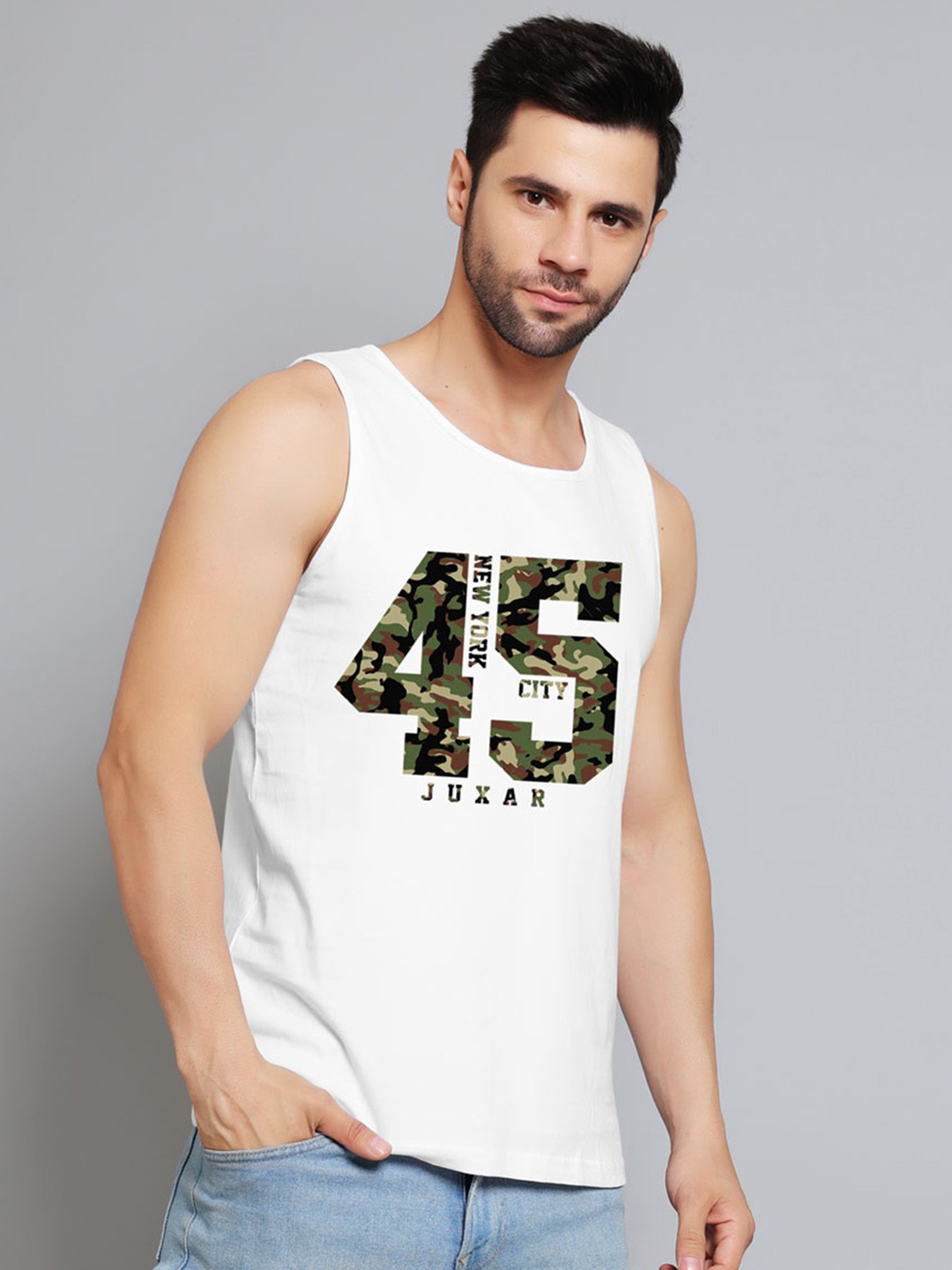 

Juxar Printed Round Neck Sleeveless Cotton Gym Vest JXR-046SAN-WH-XS, White
