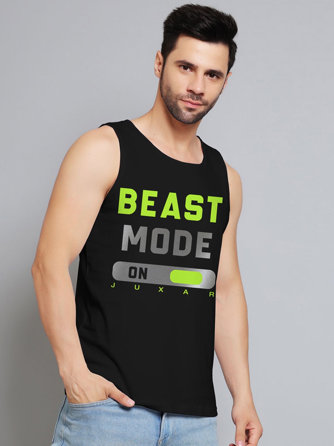

Juxar Printed Cotton Gym Innerwear Vests JXR-023SAN-BK-XS, Black