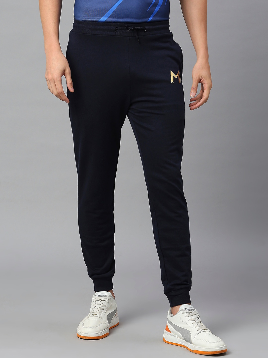 

FanCode Men Logo-Printed Slim-Fit Cotton Joggers, Navy blue