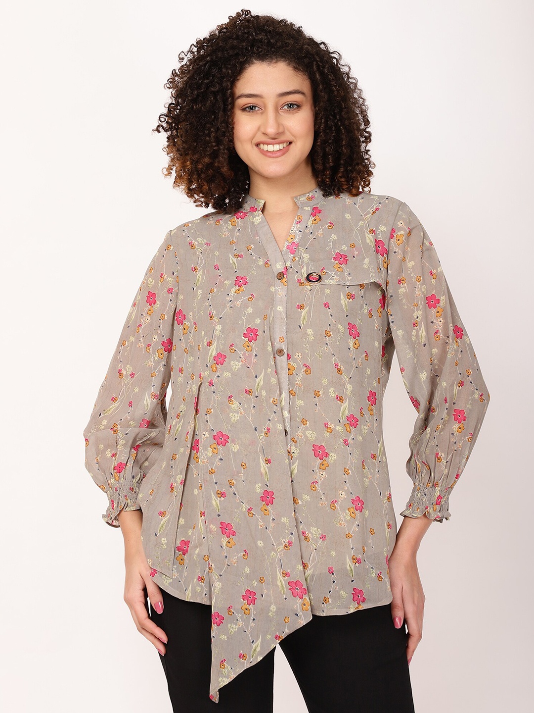 

FUTURO Floral Print Mandarin Collar Shirt Style Top, Grey