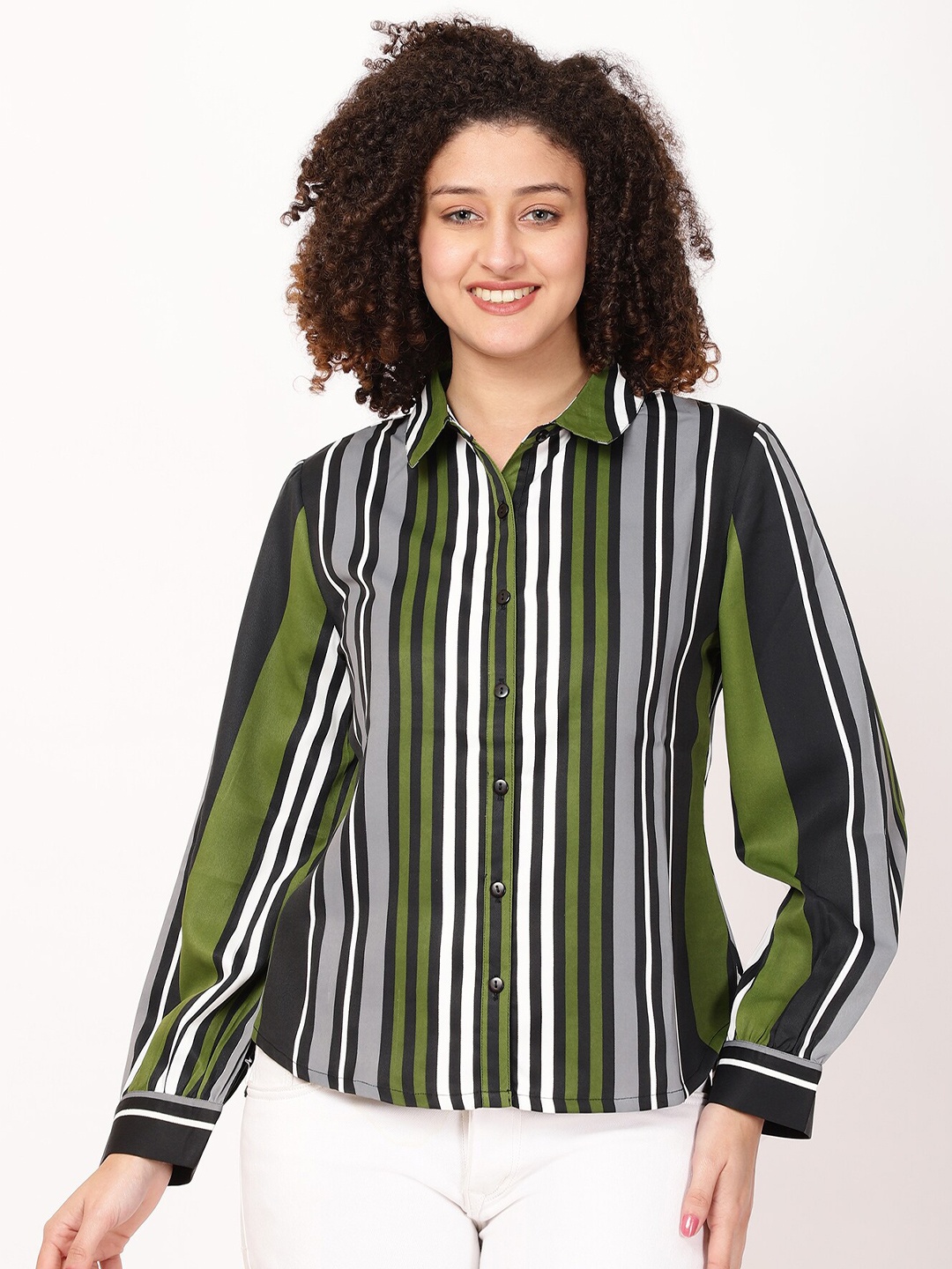 

FUTURO Striped Cuffed Sleeves Shirt Style Top, Green