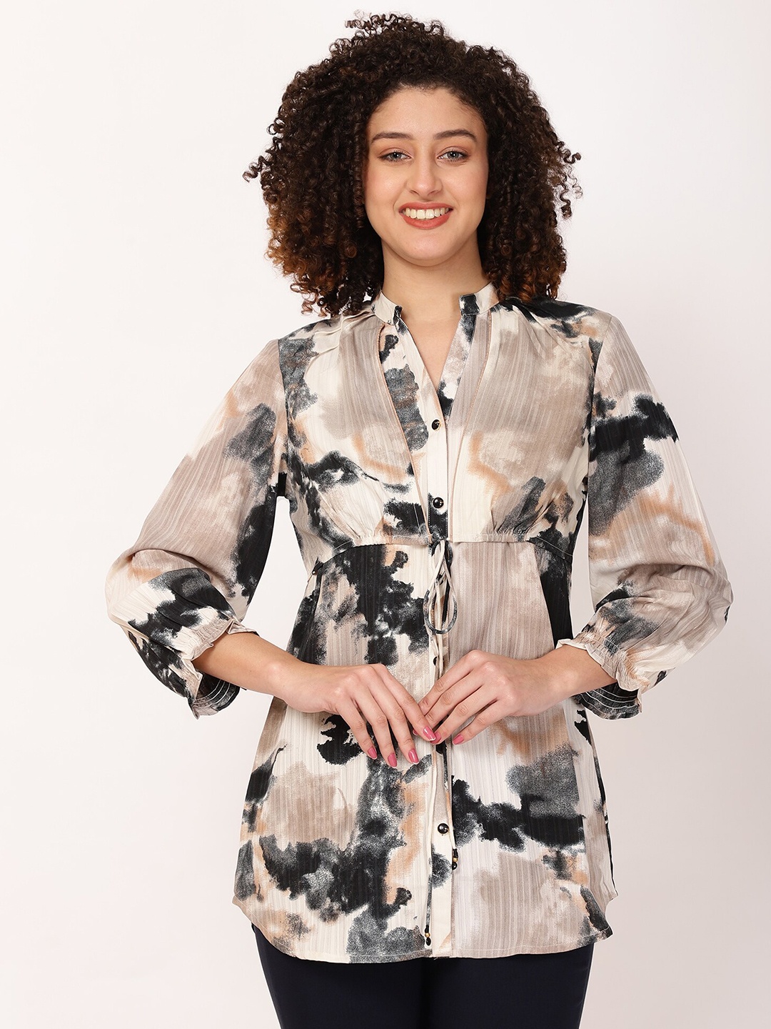 

FUTURO Abstract Printed Mandarin Collar Tunic, Beige