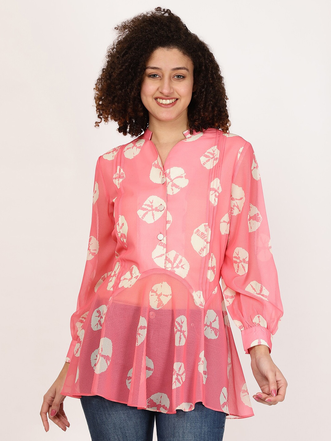 

FUTURO Print Mandarin Collar Shirt Style Longline Top, Pink