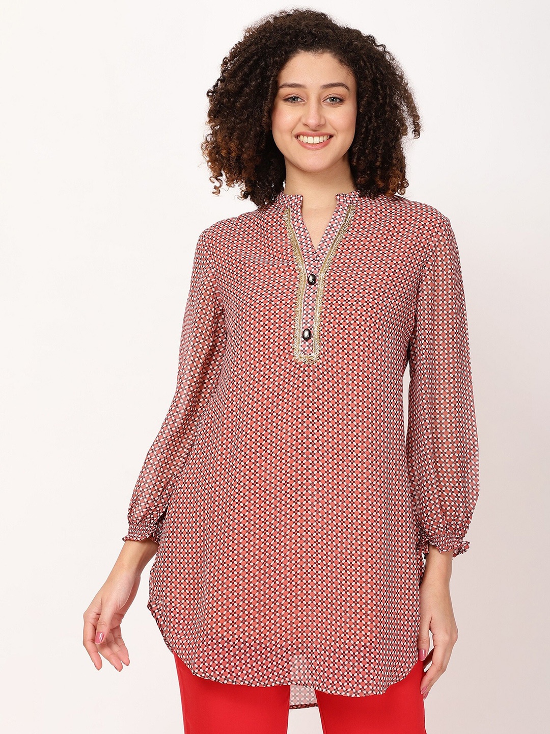 

FUTURO Geometric Printed Mandarin Collar Shirt Style Longline Top, Red
