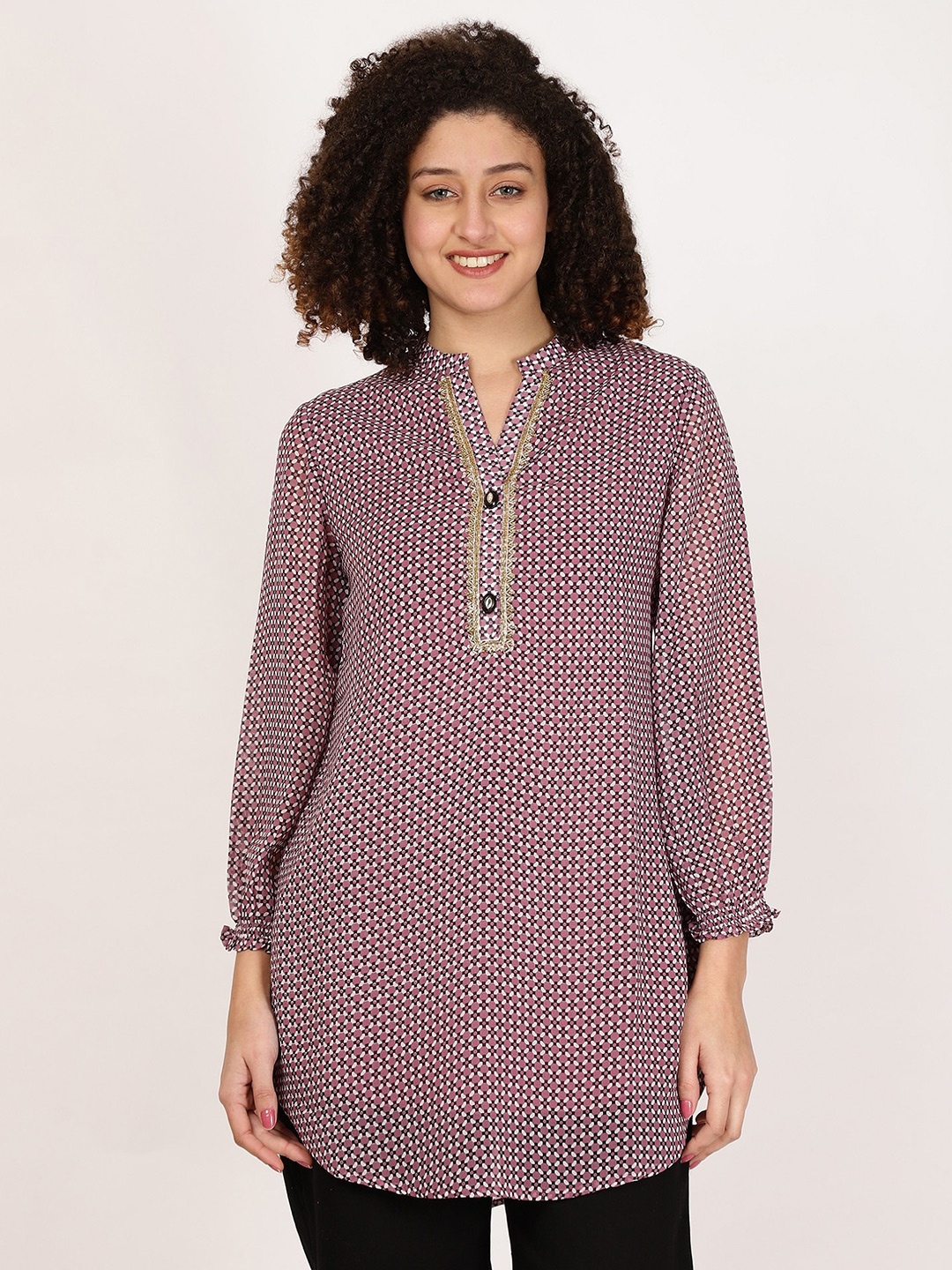 

FUTURO Geometric Print Mandarin Collar Shirt Style Longline Top, Pink