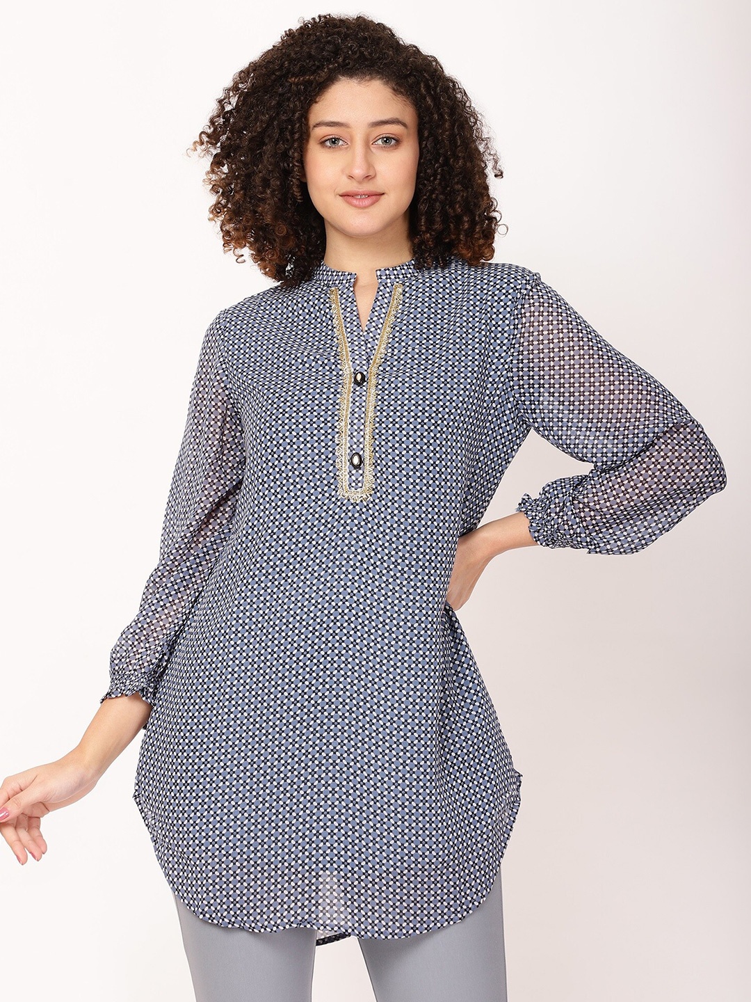 

FUTURO Geometric Printed Mandarin Collar Tunic, Blue