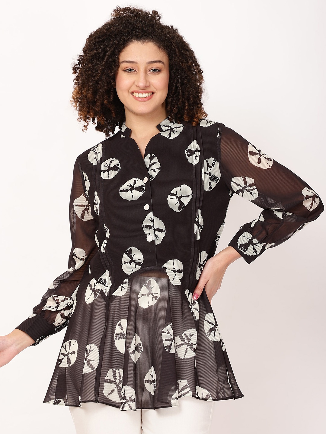 

FUTURO Floral Printed Mandarin Collar A-Line Top, Black