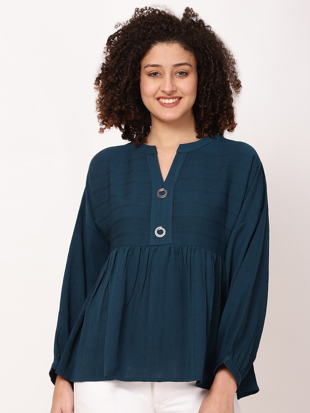 

FUTURO Self Design Mandarin Collar A-Line Top, Teal