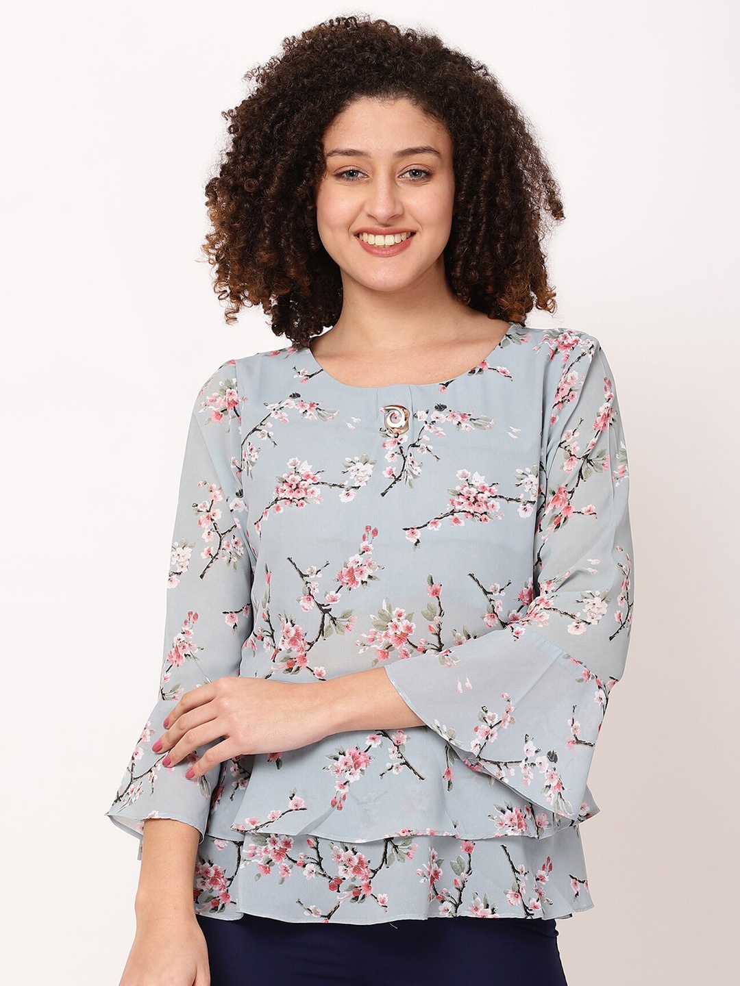 

FUTURO Floral Printed Bell Sleeve Regular Top, Grey