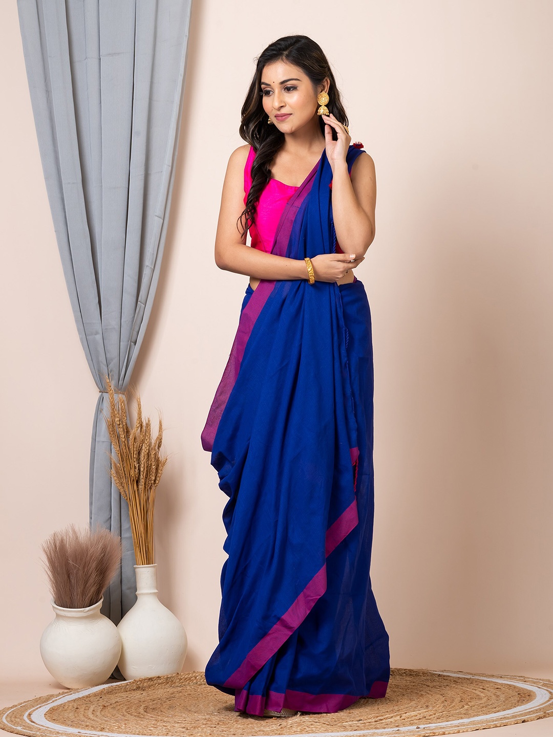 

Laa Calcutta Solid Pure Cotton Saree, Blue