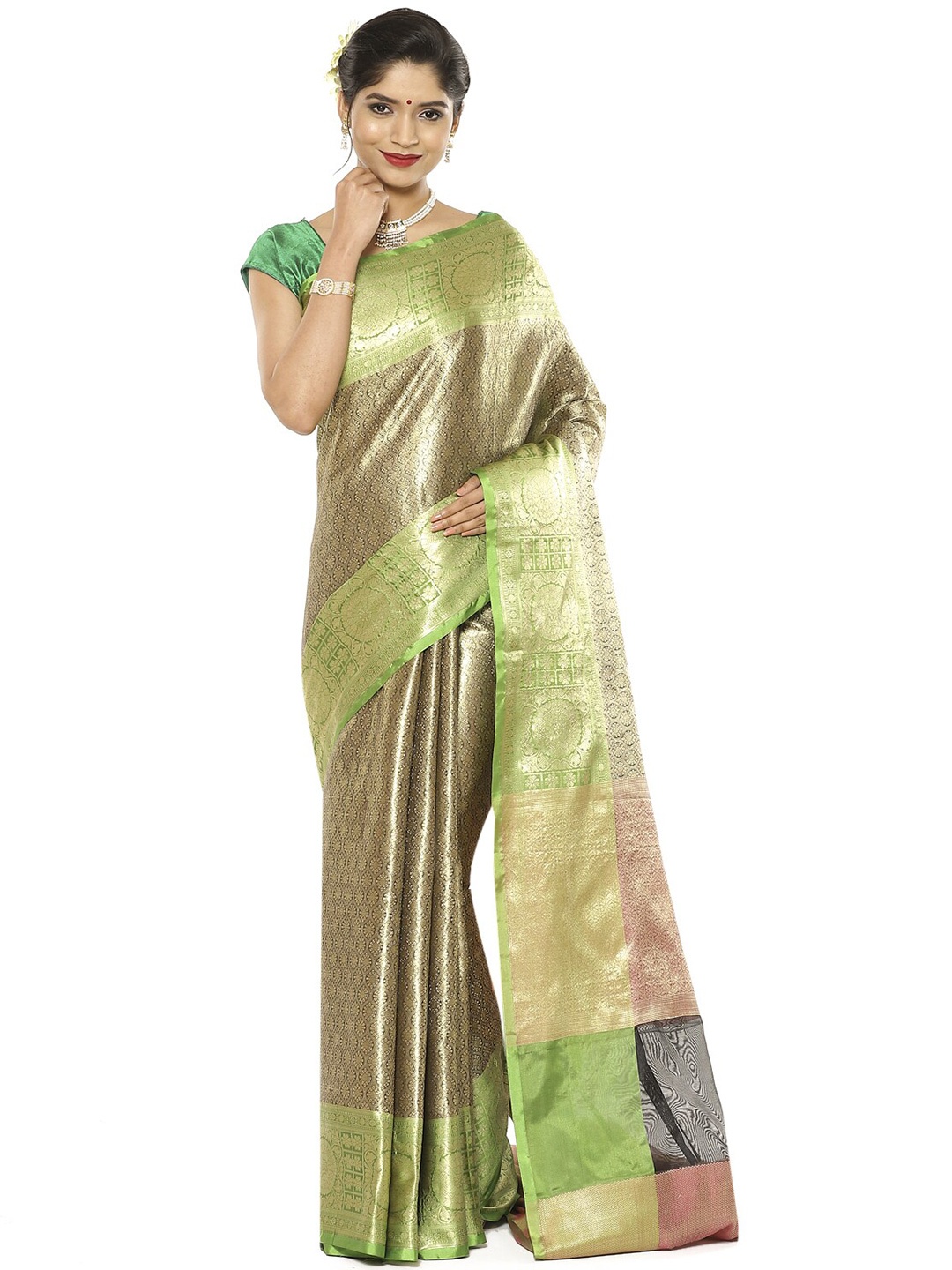 

Humairah Ethnic Motifs Woven Design Zari Kanjeevaram Saree, Green