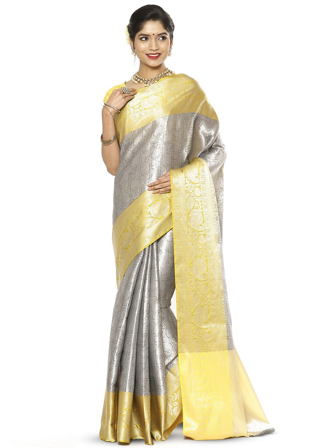 

Humairah Floral Zari Designer Kanjeevaram Saree, Grey