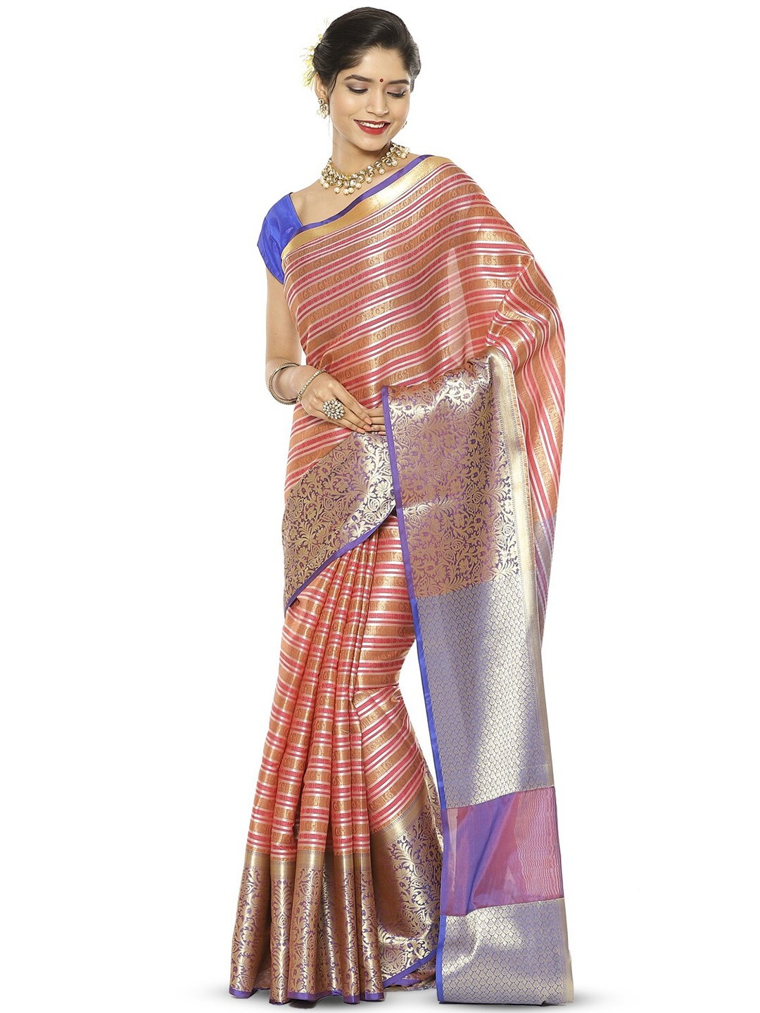 

Humairah Striped Zari Designer Kanjeevaram Saree, Red
