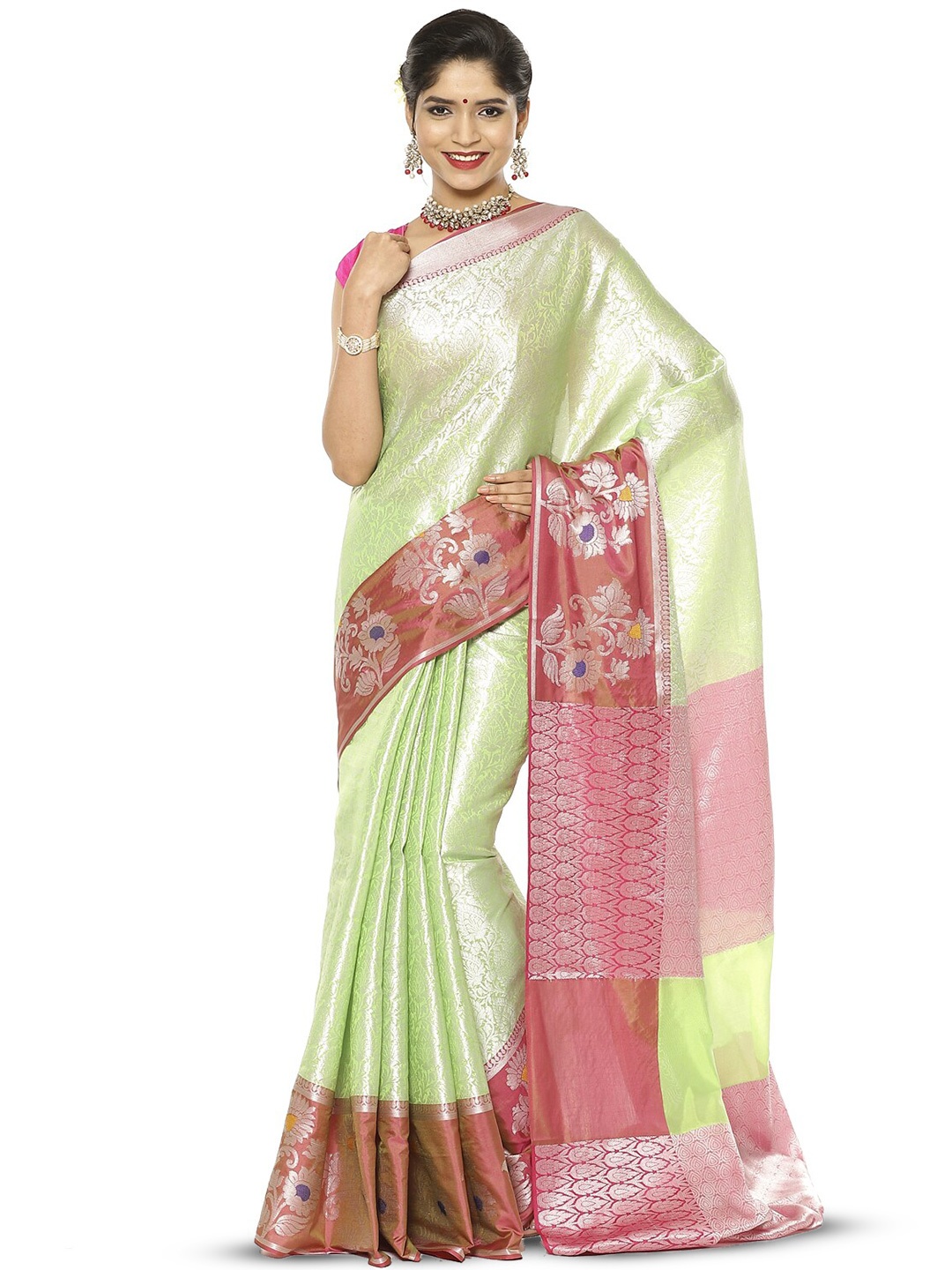 

Humairah Floral Woven Design Zari Kanjeevaram Saree, Green