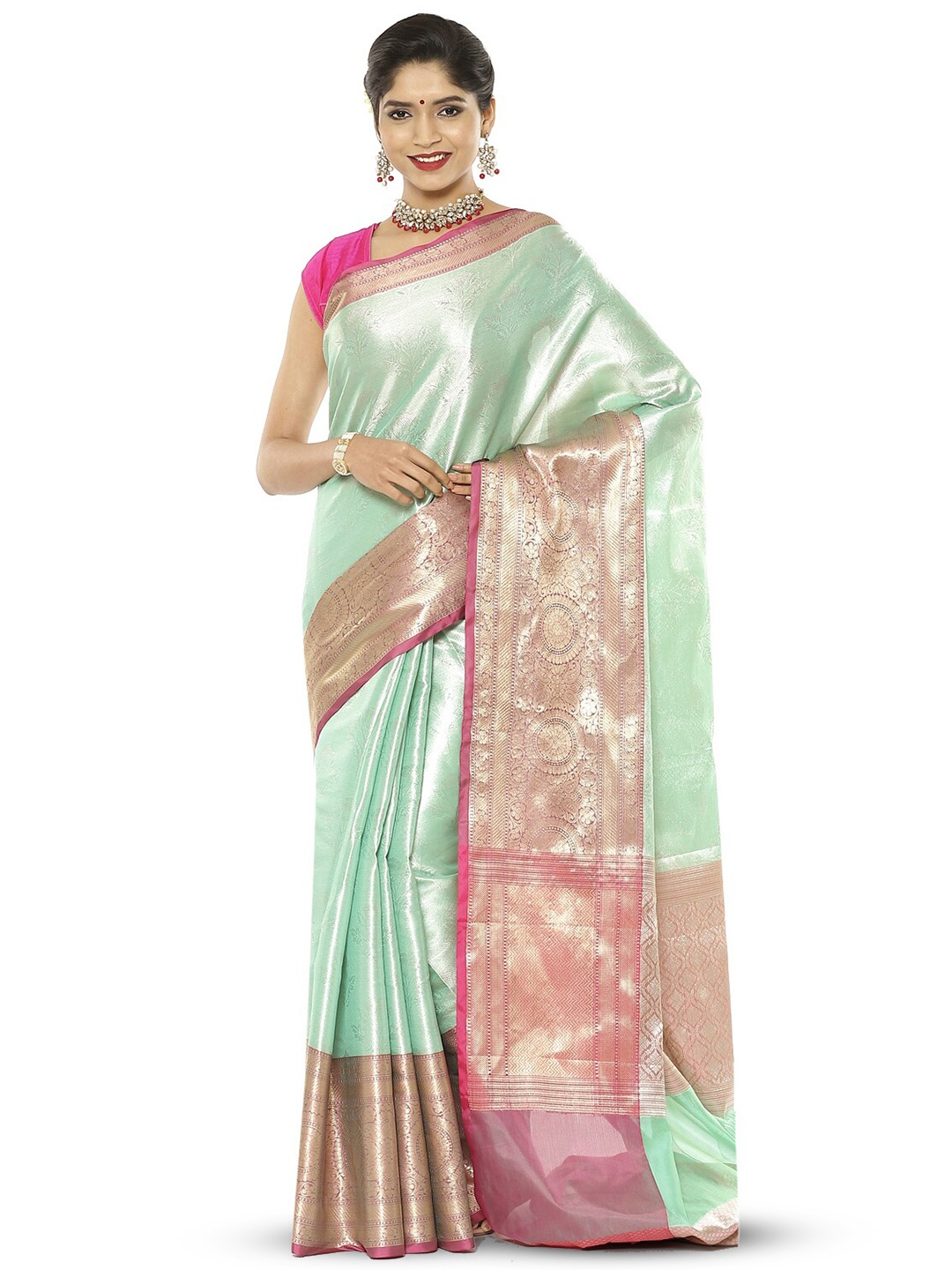 

Humairah Floral Zari Kanjeevaram Saree, Sea green