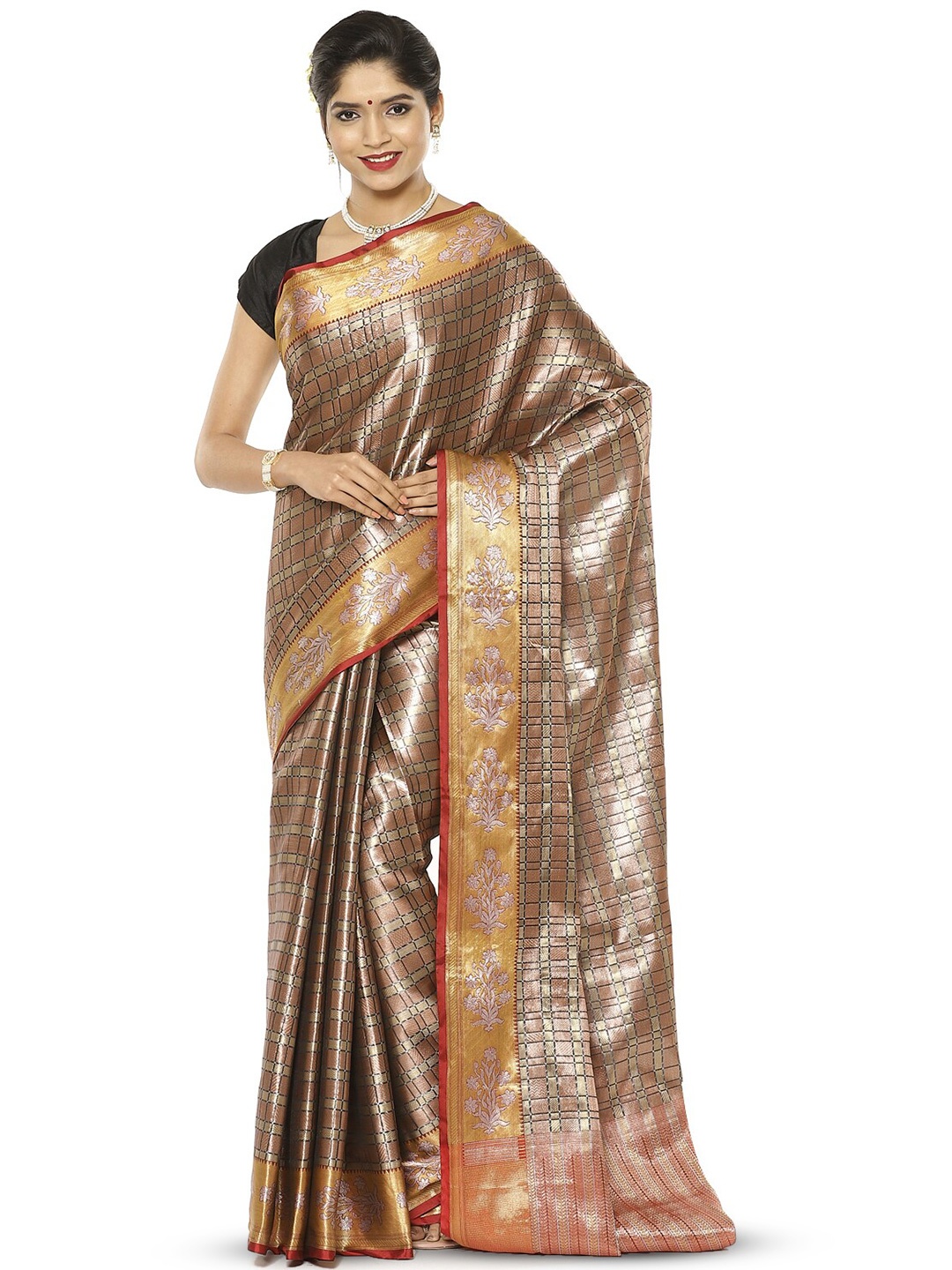 

Humairah Checked Woven Design Zari Kanjeevaram Saree, Brown