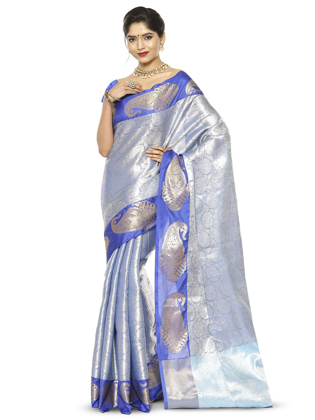

Humairah Floral Woven Design Zari Kanjeevaram Saree, Blue