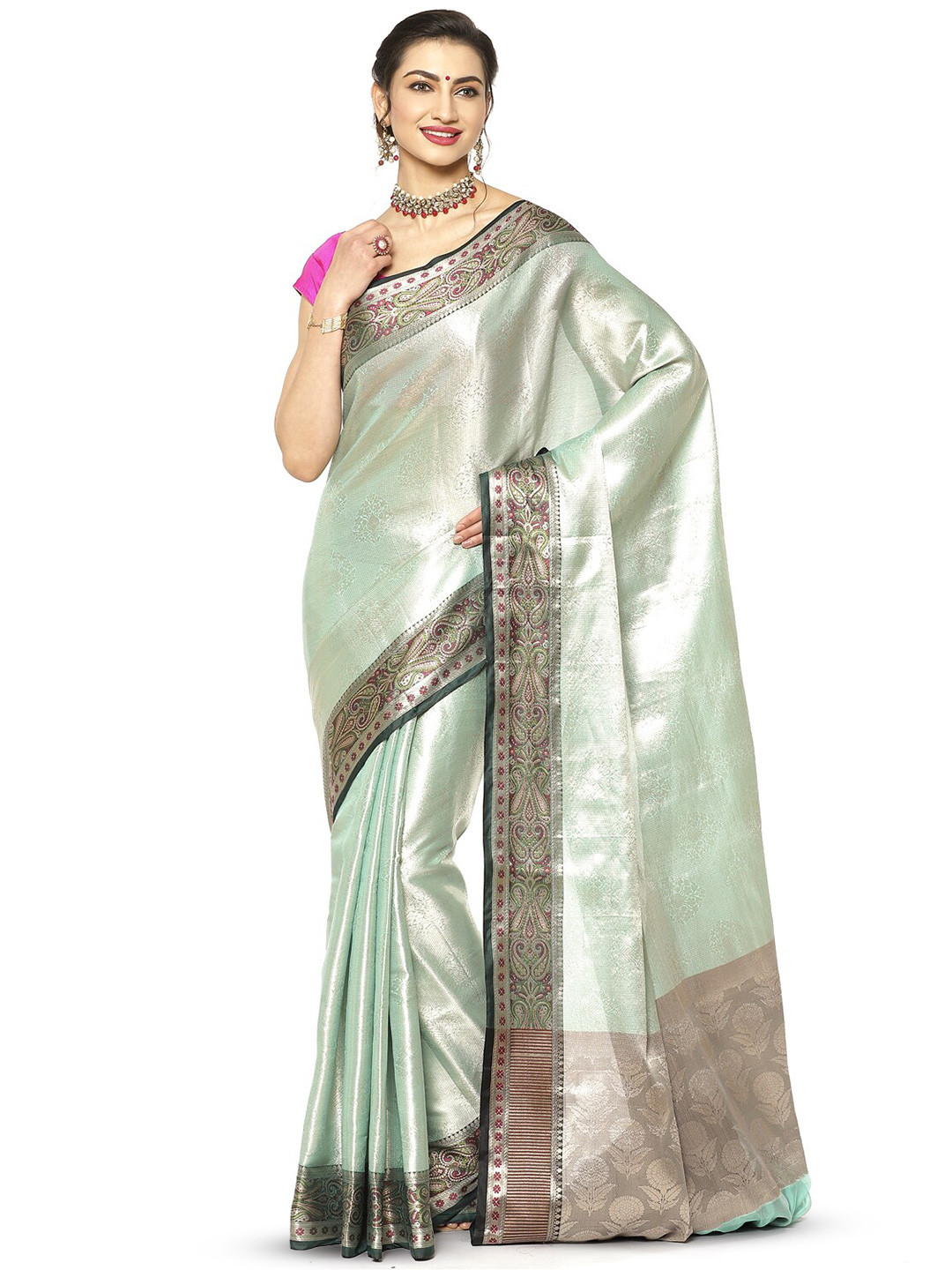 

Humairah Floral Zari Kanjeevaram Saree, Sea green