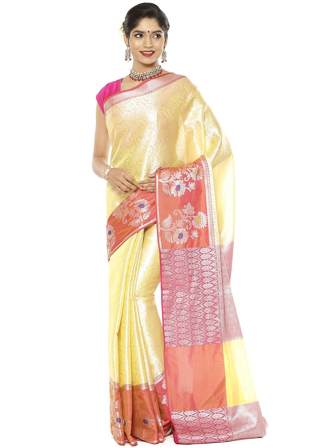 

Humairah Floral Woven Design Zari Kanjeevaram Saree, Yellow