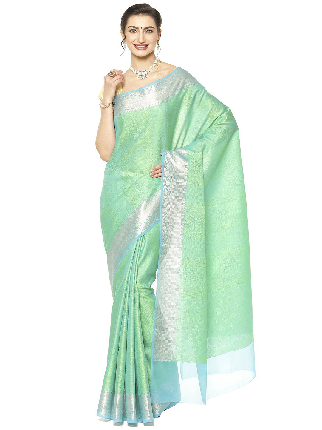 

Humairah Ethnic Motifs Woven Design Zari Banarasi Saree, Green