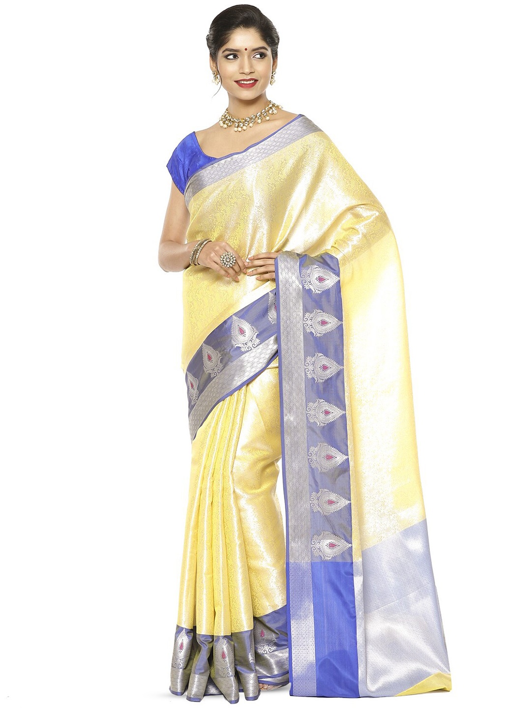 

Humairah Floral Woven Design Zari Kanjeevaram Saree, Gold