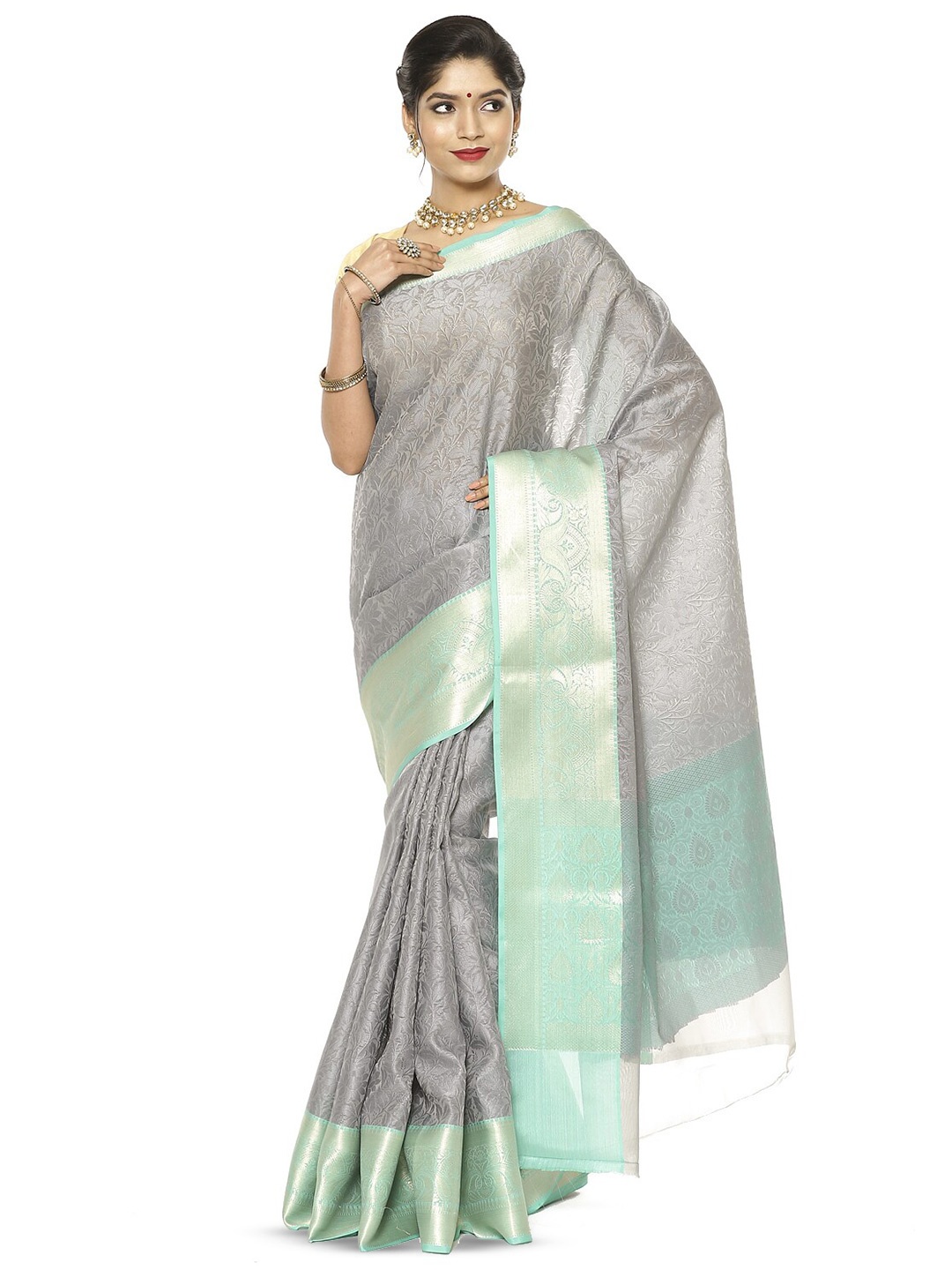 

Humairah Floral Zari Art Silk Banarasi Saree, Grey