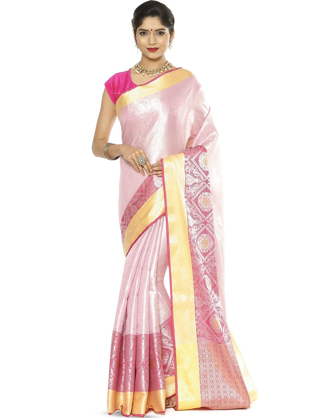 

Humairah Ethnic Motifs Woven Design Zari Kanjeevaram Saree, Pink