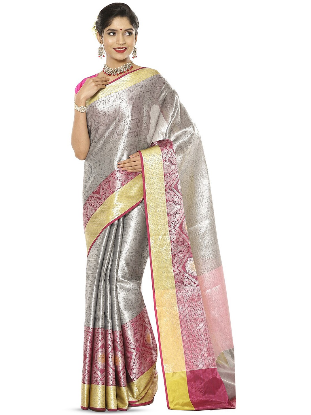 

Humairah Floral Zari Kanjeevaram Saree, Grey