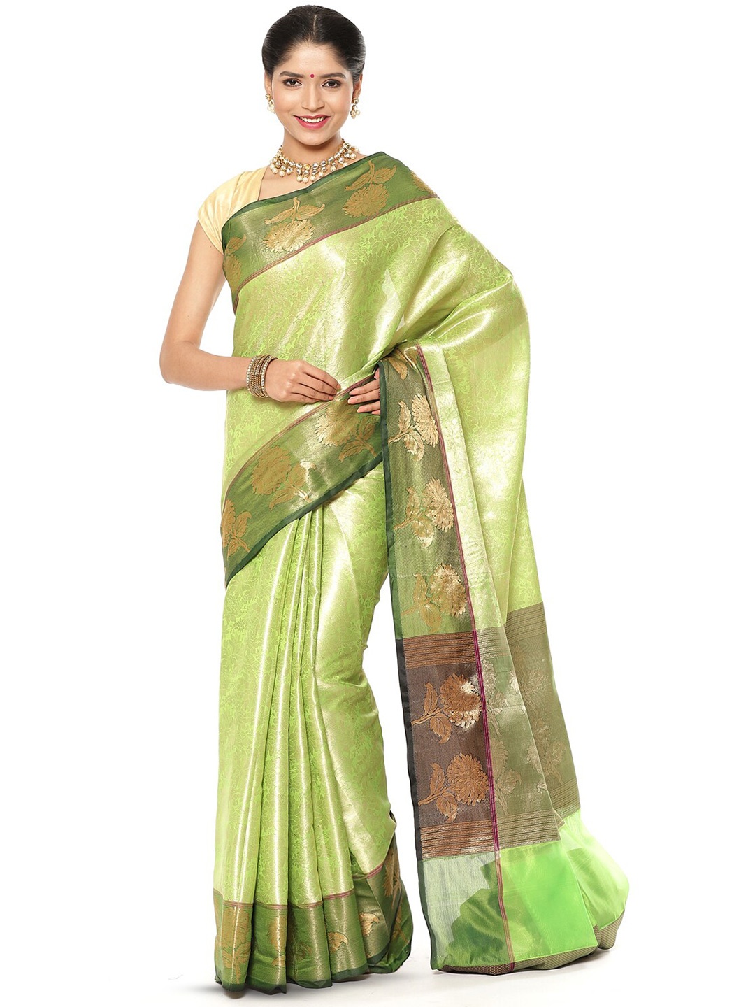 

Humairah Floral Woven Design Zari Kanjeevaram Saree, Lime green