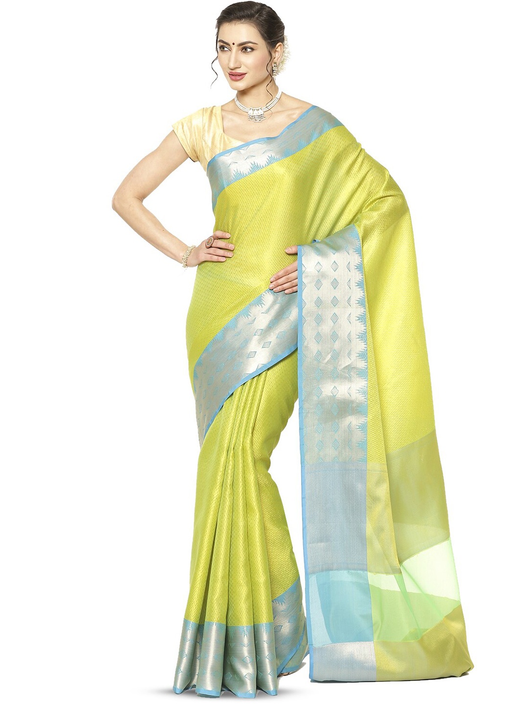 

Humairah Geometric Woven Design Zari Banarasi Saree, Yellow