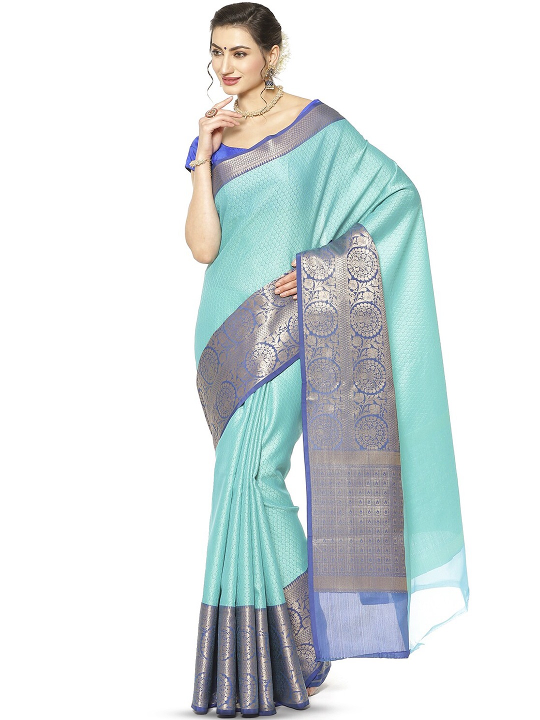 

Humairah Floral Zari Art Silk Banarasi Saree, Turquoise blue