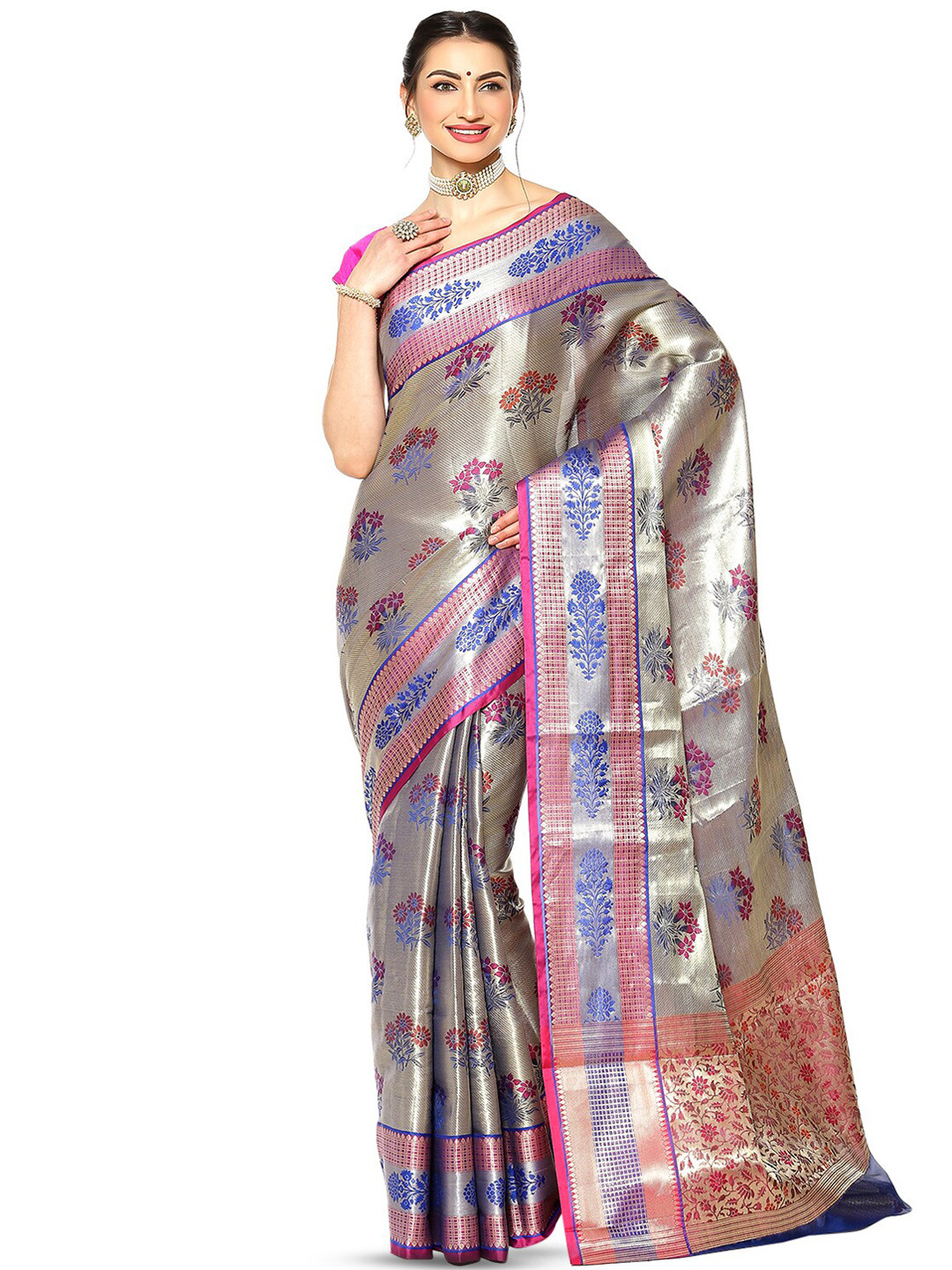 

Humairah Floral Zari Kanjeevaram Saree, Grey