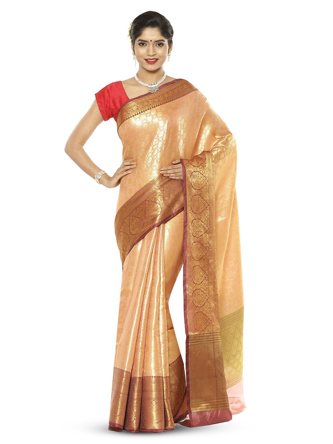 

Humairah Ethnic Motifs Woven Design Zari Kanjeevaram Saree, Peach