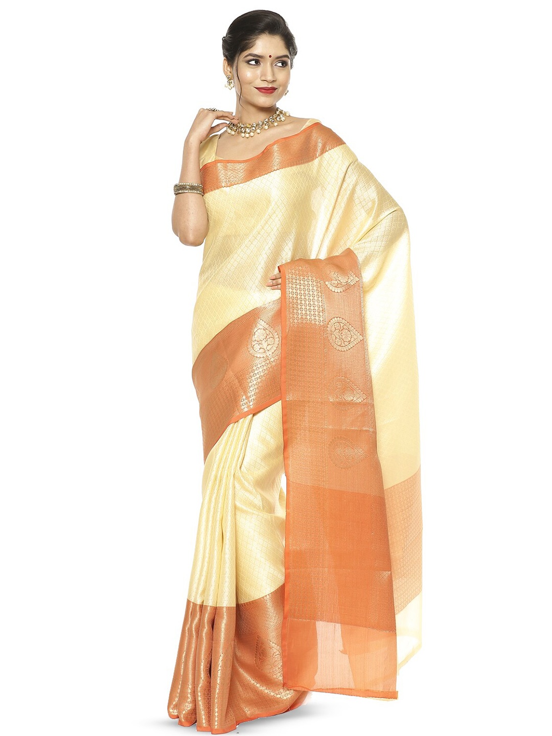 

Humairah Woven Design Zari Art Silk Belted Banarasi Saree, Cream