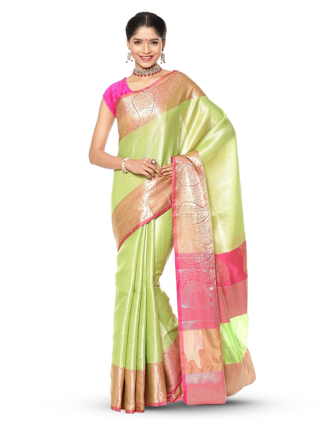 

Humairah Woven Design Zari Kanjeevaram Saree, Lime green