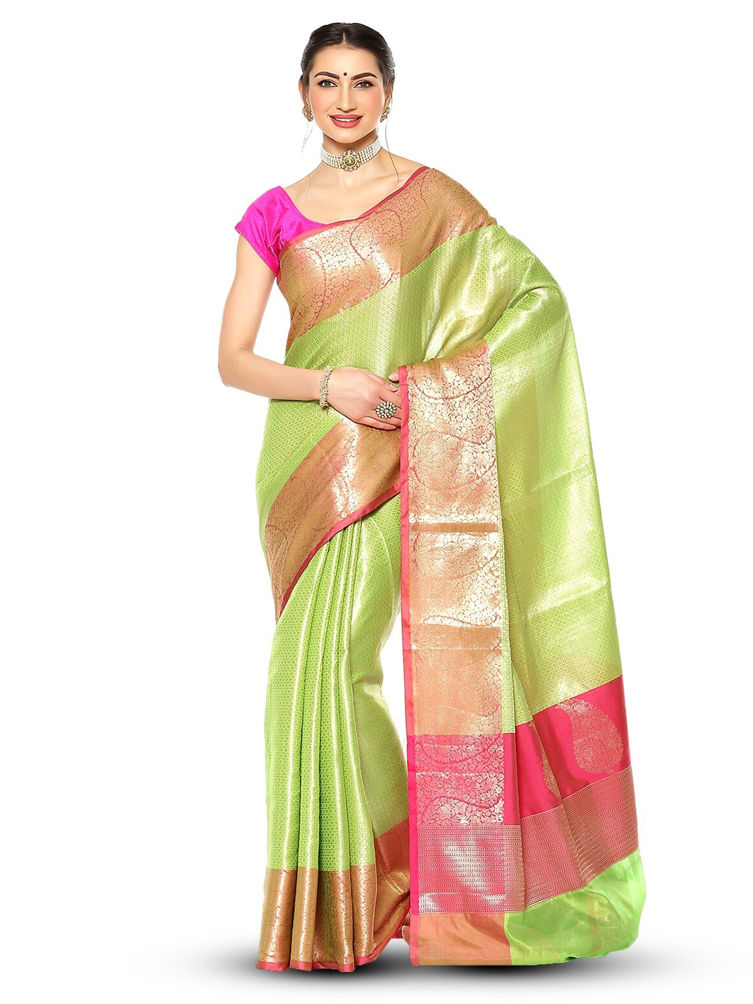 

Humairah Ethnic Motifs Zari Kanjeevaram Saree, Lime green