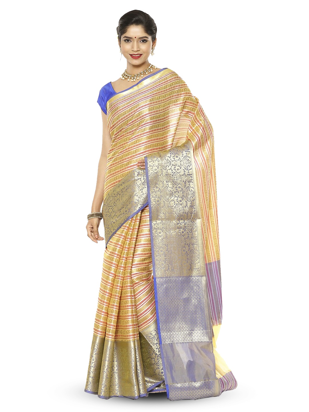 

Humairah Ethnic Motifs Woven Design Zari Kanjeevaram Saree, Gold