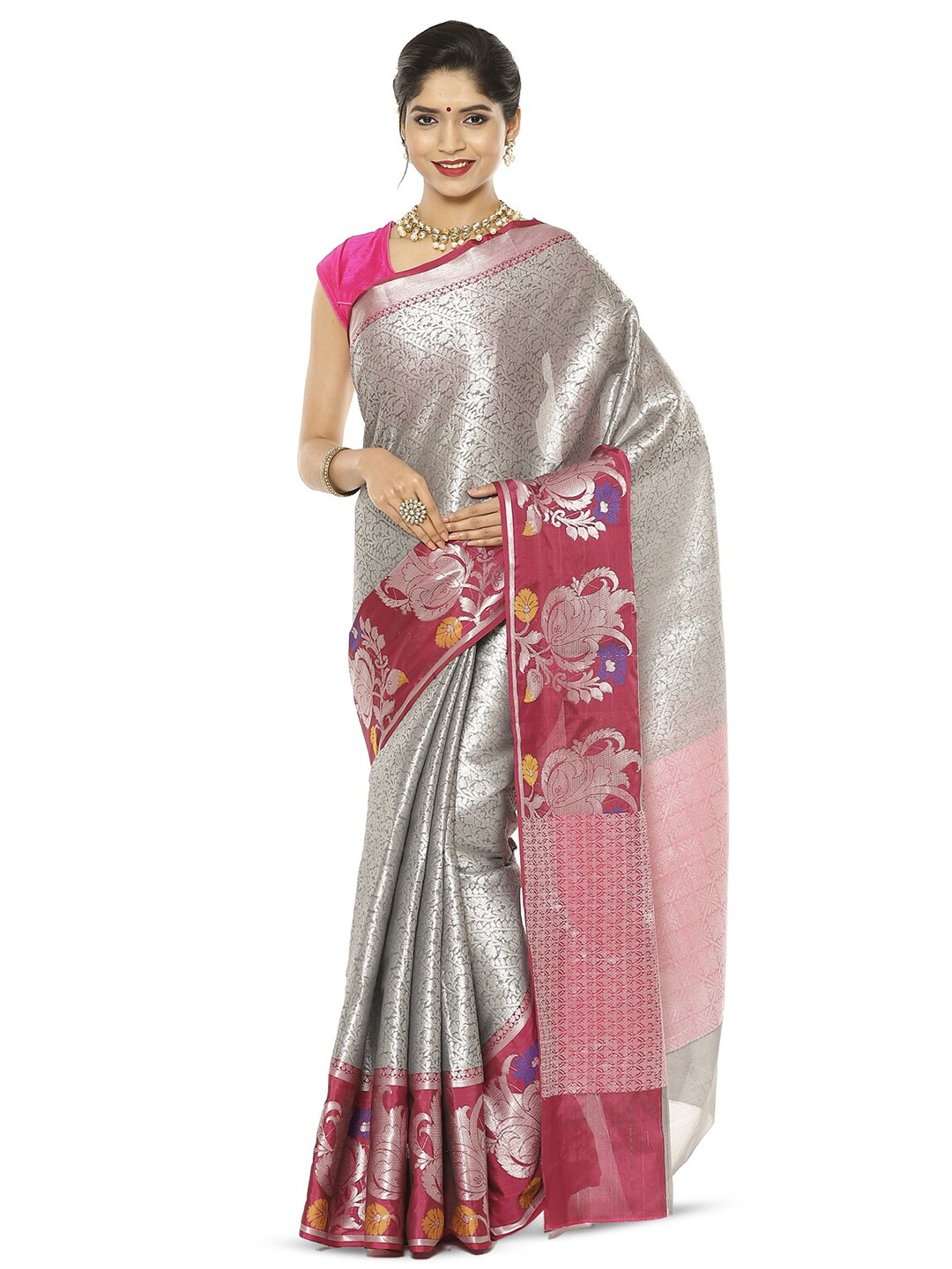 

Humairah Floral Woven Design Zari Kanjeevaram Saree, Grey