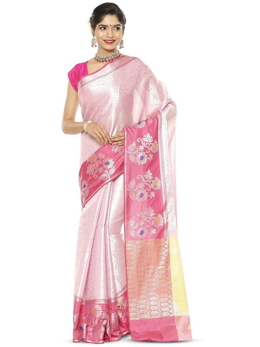 

Humairah Floral Woven Design Zari Kanjeevaram Saree, Pink