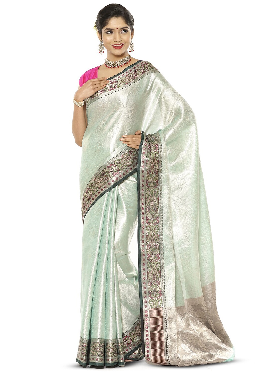 

Humairah Floral Woven Design Zari Kanjeevaram Saree, Sea green