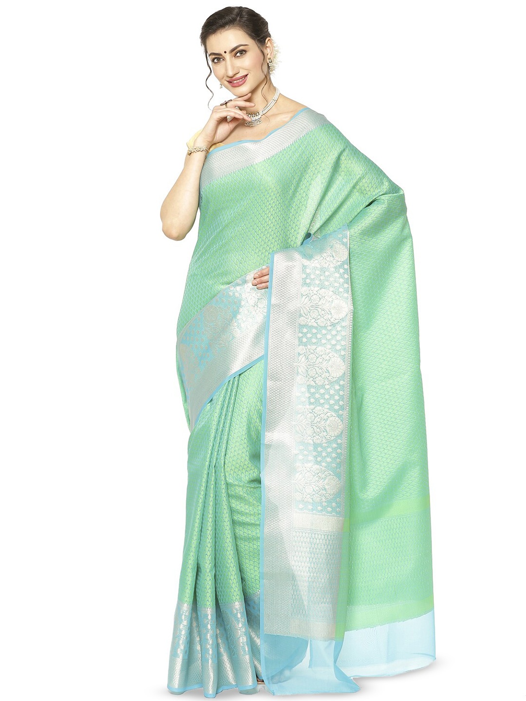 

Humairah Ethnic Motifs Woven Design Zari Banarasi Saree, Green