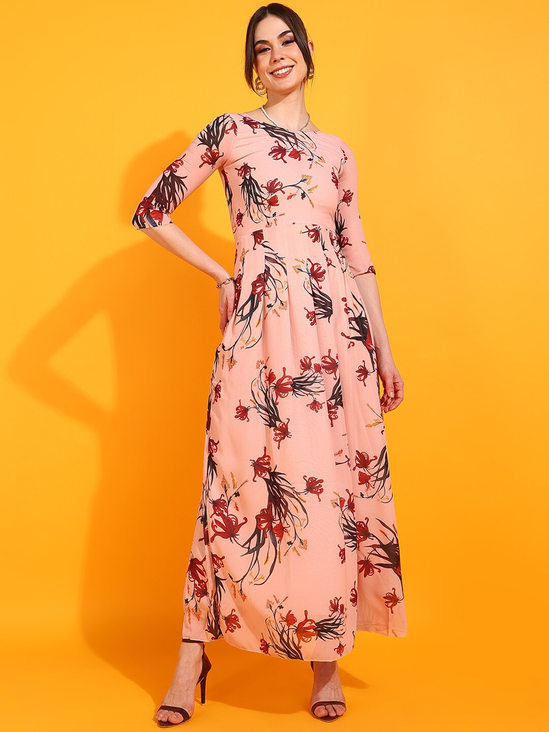 

DressBerry Peach Coloured Floral Printed Georgette Maxi Dress