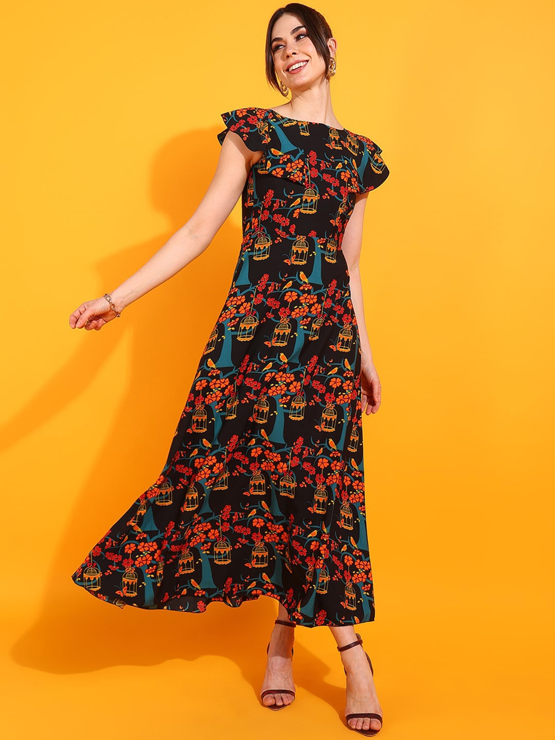 

DressBerry Black Floral Printed Flutter Sleeve Georgette Maxi Dress