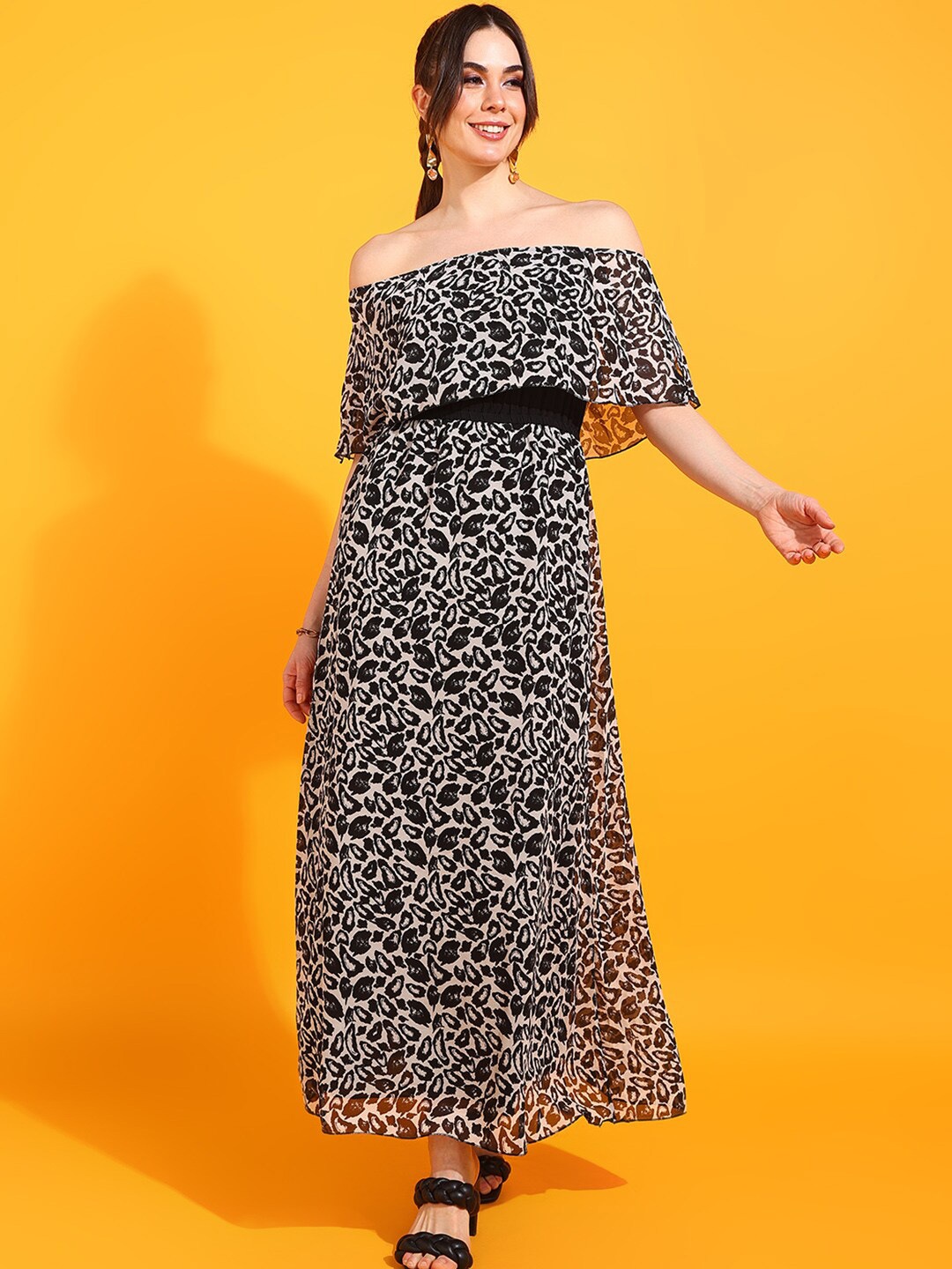 

DressBerry Animal Printed Off-Shoulder Georgette Maxi Dress, Black